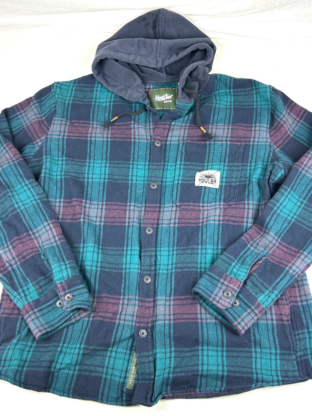 Howler Brothers Flannel Hoodie Mens Size Large - Blue Green Plaid Hooded Outdoor